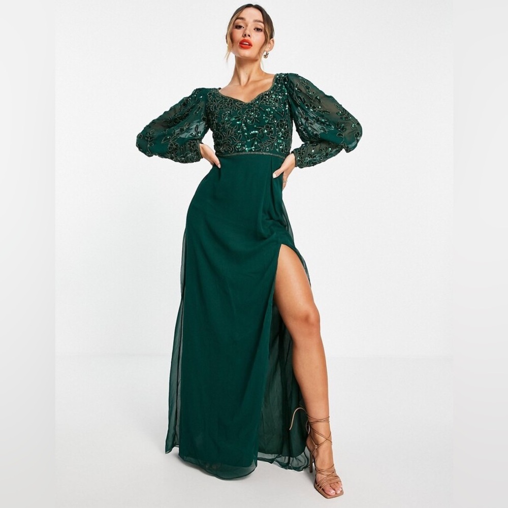 Virgos Lounge embellished maxi dress with balloon sleeves in emerald green